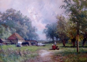 Boerinnen in boomrijk landschap